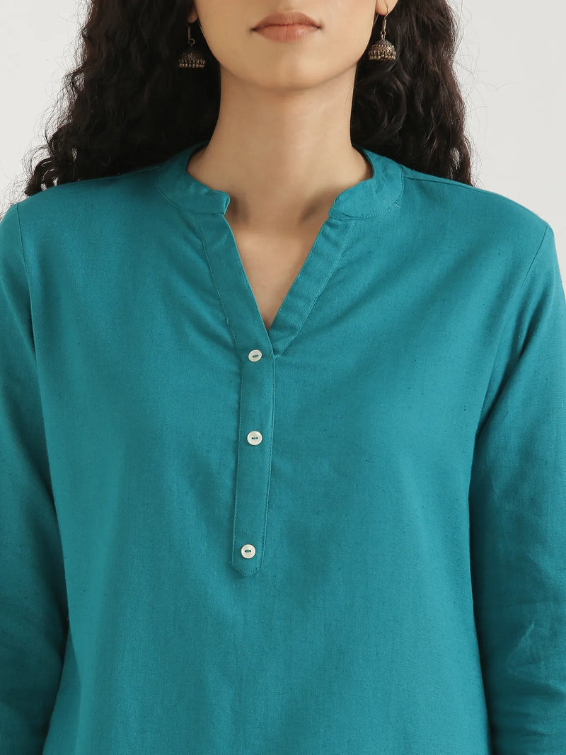 Women Teal Linen Short Kurta