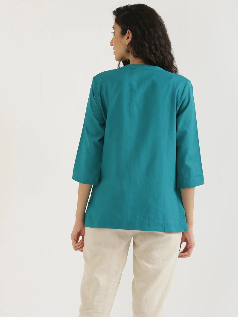 Women Teal Linen Short Kurta