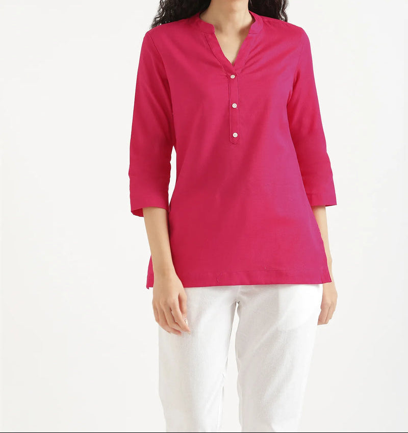 Women Hot Pink Linen Short Kurta